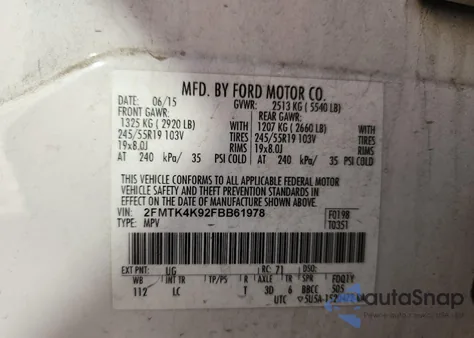 2015 Ford Edge Titanium z USA, uszkodzony, nr VIN 2FMTK4K92FBB61978